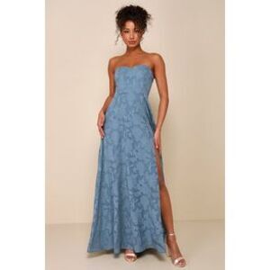 Lulu's Blue Strapless Floral Lace Gown